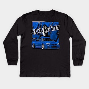 Nissan Skyline r34 GTR Blue, JDM Car Kids Long Sleeve T-Shirt